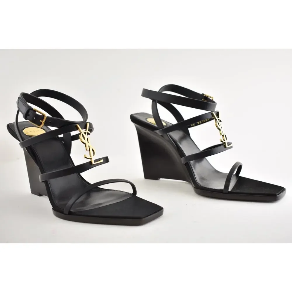 Saint Laurent YSL Logo Cassandra 90 Black Ankle Strap Wedge Sandal Heel 38.5